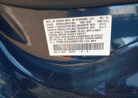 2010 Honda Odyssey Ex from USA, damaged, VIN 5FNRL3H55AB083704